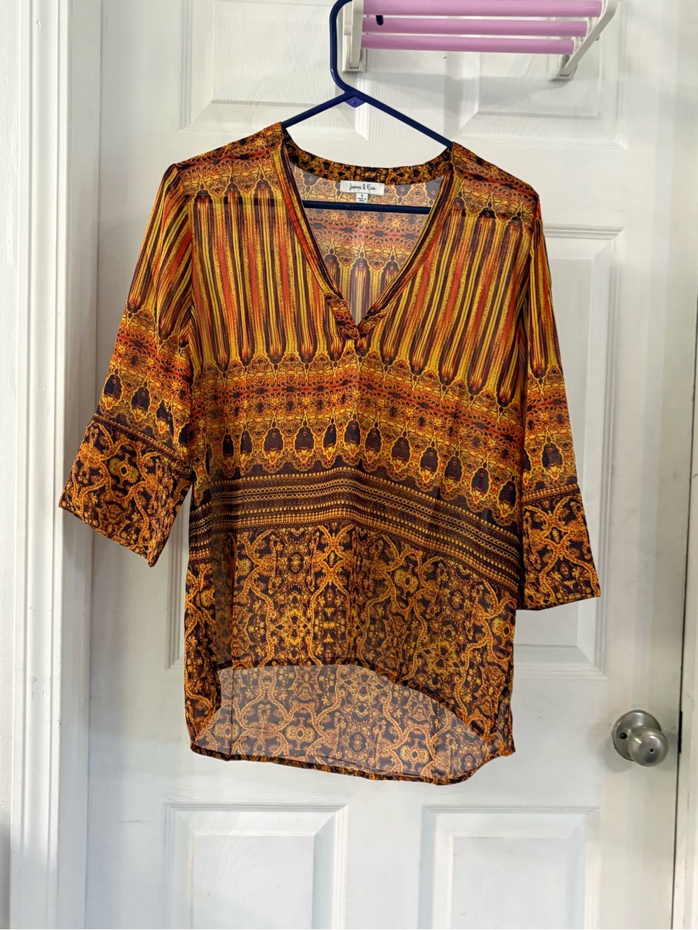 V-Neck Paisley Stripe Tunic in Gold and Brown